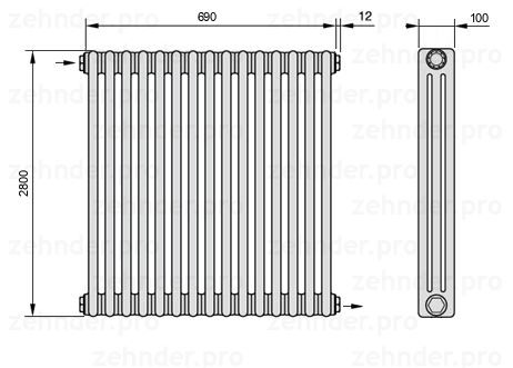 Схема (чертеж) Радиатор Zehnder Charleston 3280/15 №1670 Белый глянцевый RAL 9016